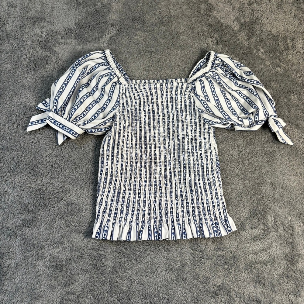 Habitual Girl Blue White Floral Stripe Smocked Puff Sleeve Top Size 14